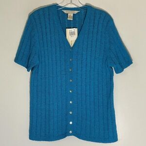 Melrose Studio Cardigan Sweater Womens Medium Blue Open Knit Button Front